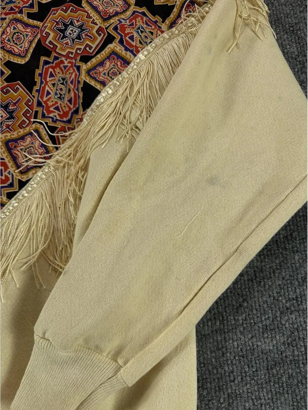 Vintage Western Style Zip-Up Fringe Jacket Southwestern Pattern L Cowboy, Fleece